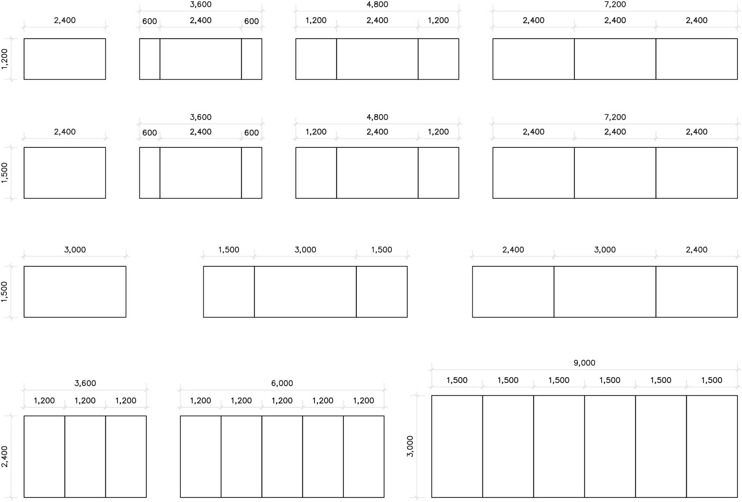 유리칠판 주요 설치 사이즈 주요 규격 (도면) 조양글라스 유리칠판 맞춤 제작 주요 규격 도면. 2400부터 9000mm까지 다양한 사이즈의 모듈형 글라스보드