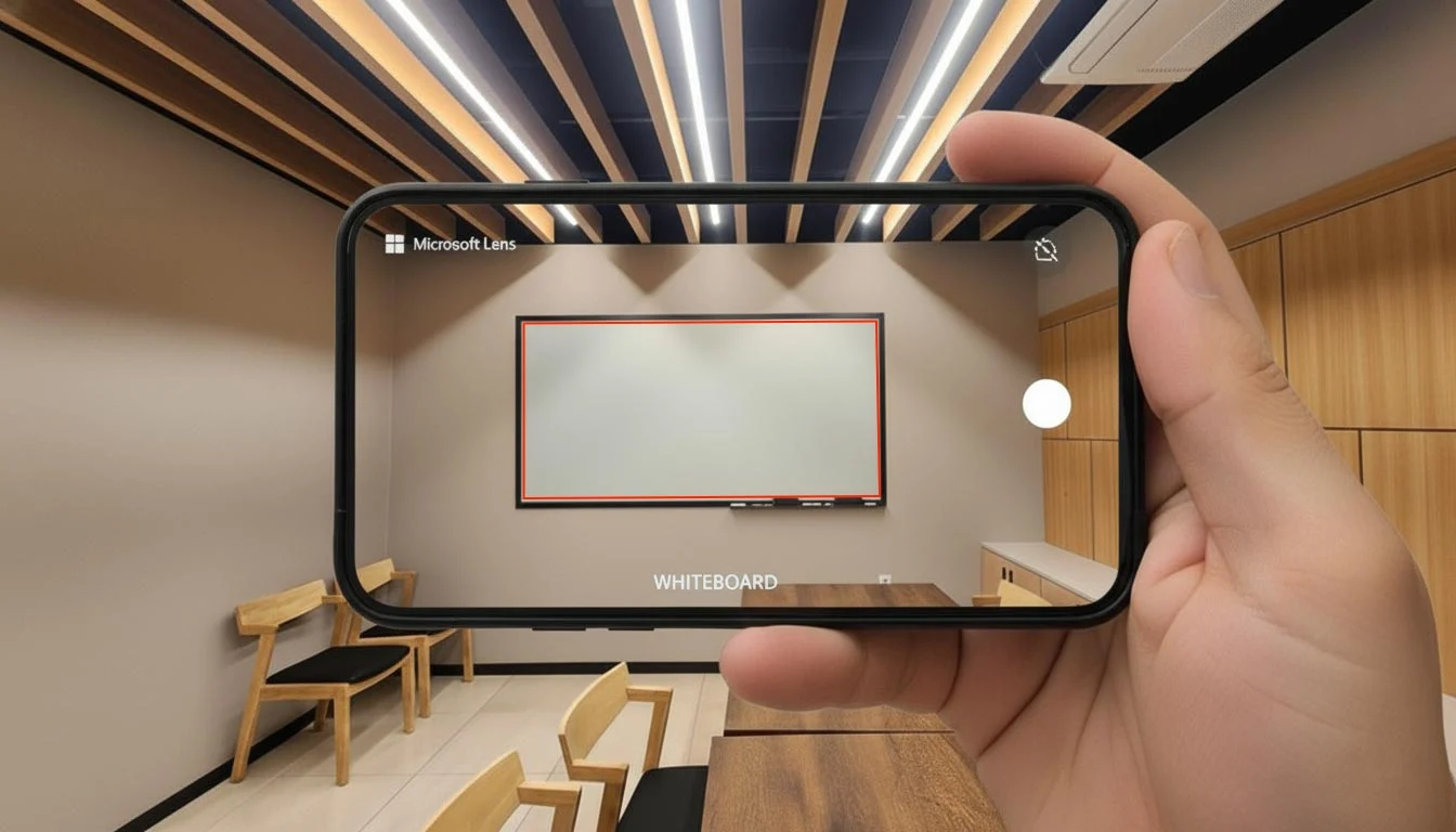 스마트폰 마이크로소프트 렌즈 앱으로 조양글라스 유리칠판을 인식하여 판서 내용을 붉은색 테두리로 정확하게 스캔하는 현대적인 회의실 모습