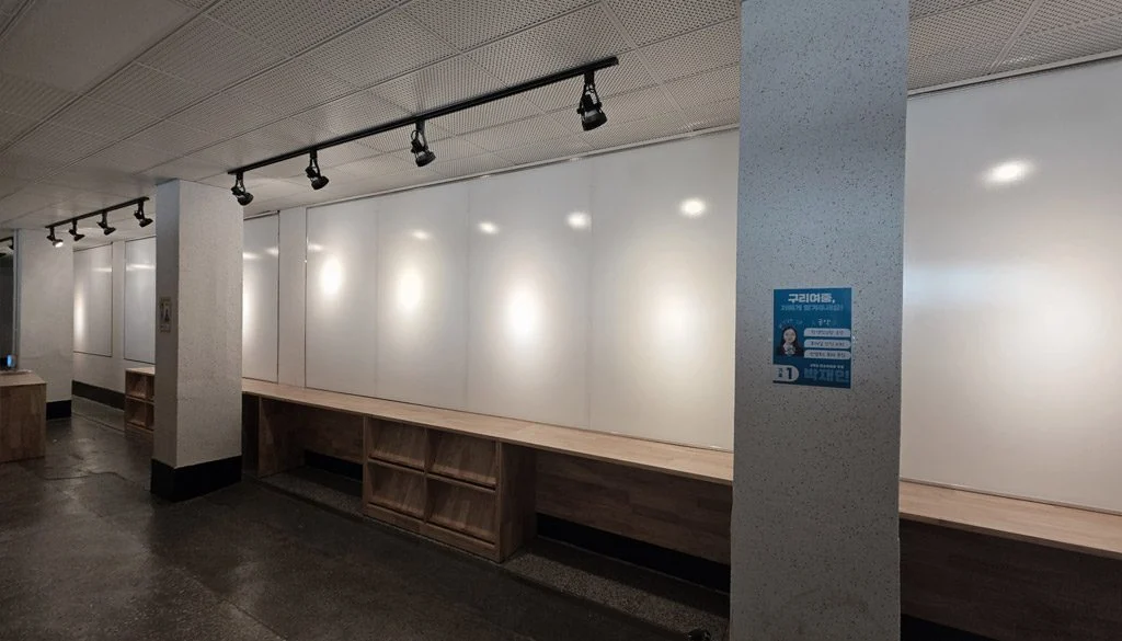 구리여자중학교 복도에 설치된 난반사 유리 게시판과 하단 목재 수납장의 정면 모습. 게시판 기둥에 푸른색 공지 포스터가 부착되어 있으며, 레일 조명이 게시판을 밝게 비추고 있다.