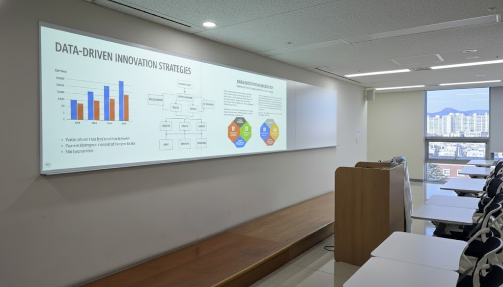 경북대학교 무반사스크린유리칠판 빔프로젝터 영상 투사 경북대학교 강의실 정면에 설치된 대형 스크린유리칠판 에 빔프로젝터 투사하는 사진