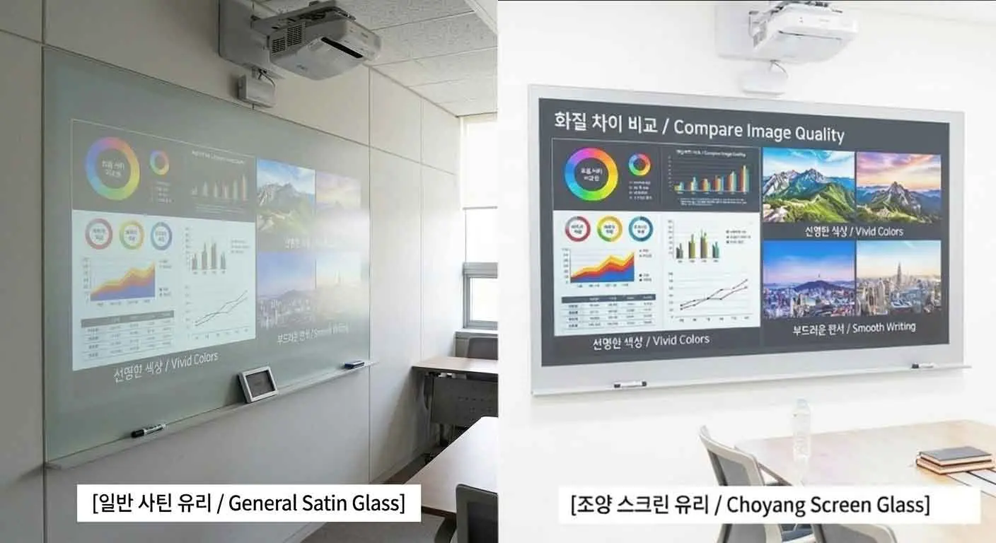 조양글라스 스크린유리칠판 vs 일반 사틴유리 빔 프로젝터 투사 화질 선명도 비교