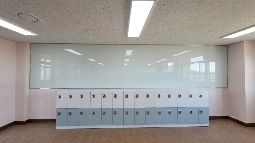 학교 인테리어 가구와 조화되는 백페인트글라스 하단 파스텔톤 수납장(사물함)과 완벽한 일체감을 이루며 시공된 교실 백페인트글라스 유리게시판 정면 뷰.